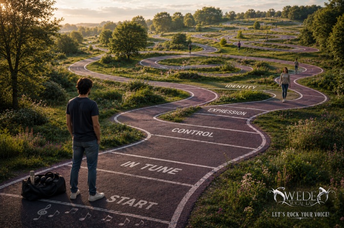 Singer looking at a winding path representing the different stages of learning to sing